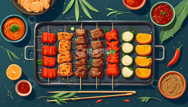 高清大图下载【趣麦麦图】国潮风卡通手绘烧烤插画