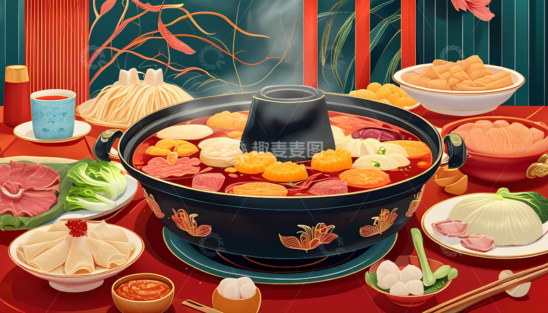 高清大图下载【趣麦麦图】国潮风卡通手绘火锅插画