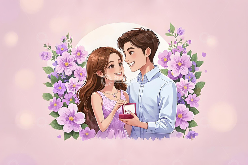 高清大图下载【趣麦麦图】情人节情侣对视插画素材