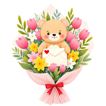 卡通小熊花束插画素材