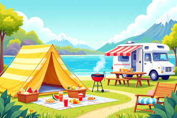 春天野外露营卡通插画素材