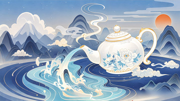 茶文化国潮茶壶插画背景