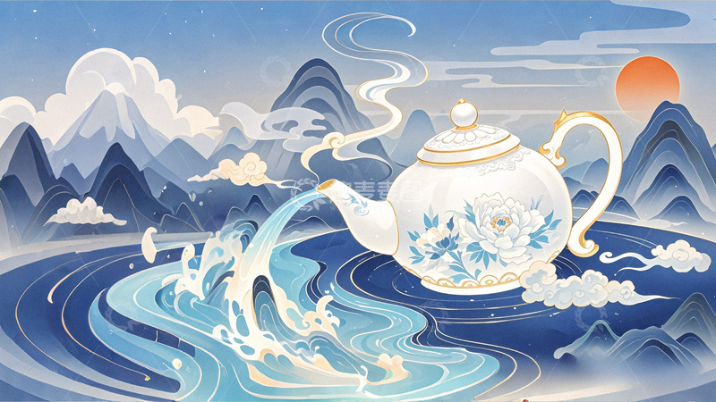 高清大图下载【趣麦麦图】茶文化国潮茶壶插画背景