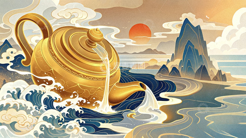高清大图下载【趣麦麦图】茶文化国潮茶壶插画背景1