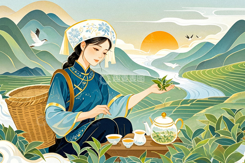 高清大图下载【趣麦麦图】采茶茶农采茶场景插画1
