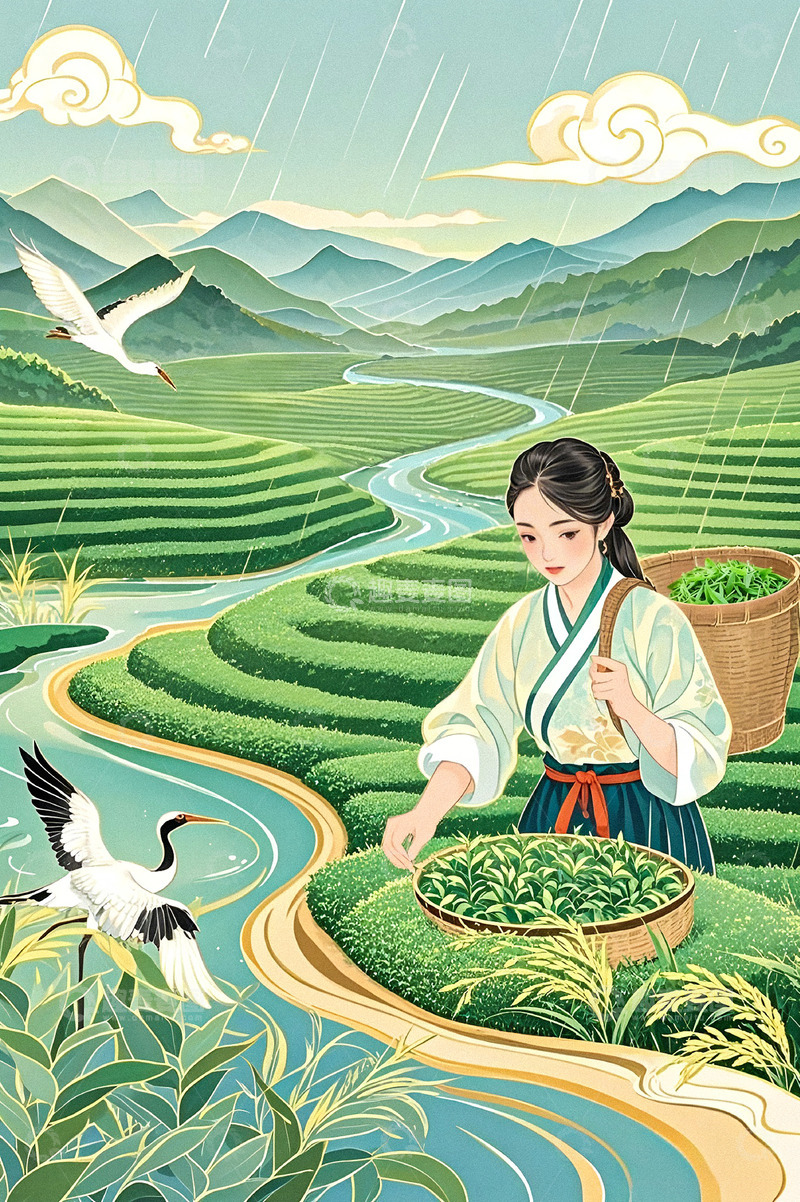 高清大图下载【趣麦麦图】谷雨节气采茶插画背景