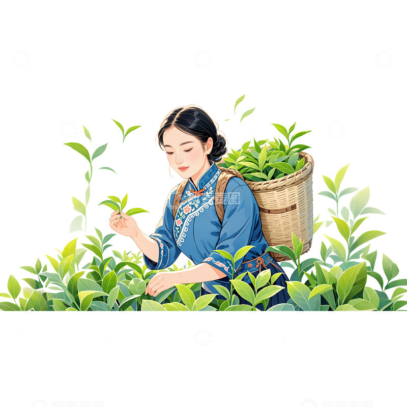 高清大图下载【趣麦麦图】茶农采茶插画素材1