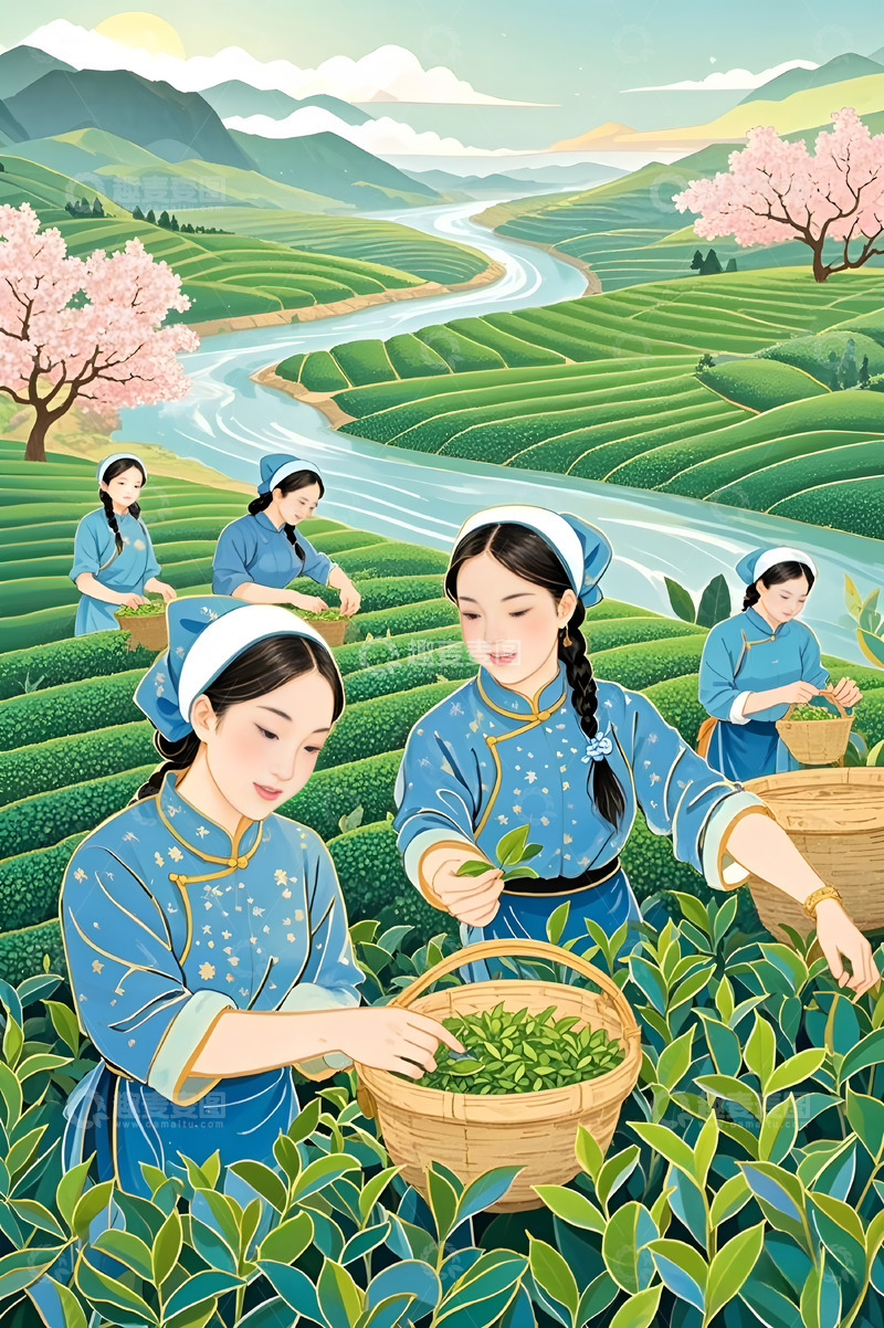 高清大图下载【趣麦麦图】采茶茶农采茶场景插画