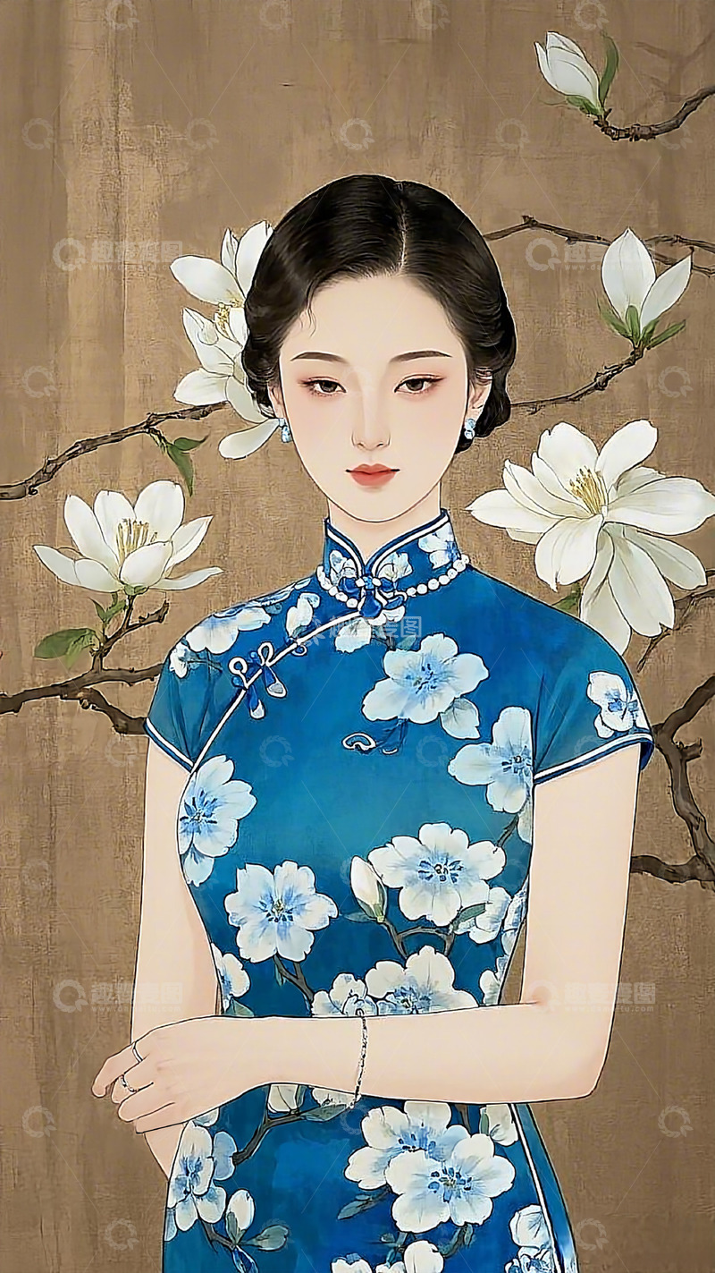 高清大图下载【趣麦麦图】国潮工笔画旗袍女人背景1