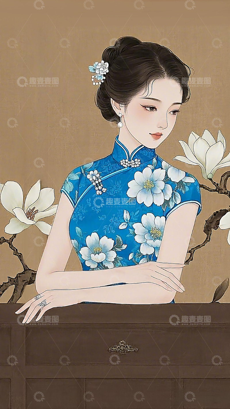 高清大图下载【趣麦麦图】国潮工笔画旗袍女人背景