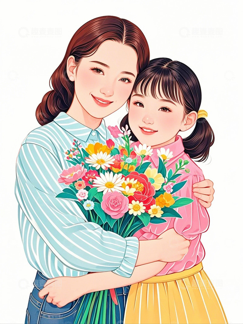 高清大图下载【趣麦麦图】母亲节妈妈和女儿拥抱鲜花花束4