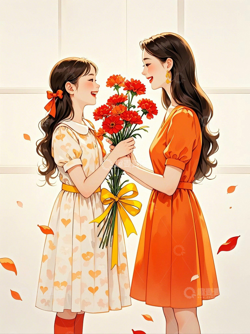高清大图下载【趣麦麦图】母亲节妈妈和女儿拥抱鲜花花束5
