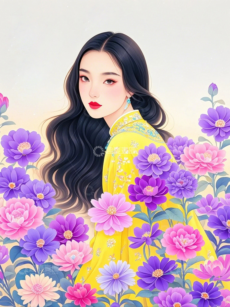 高清大图下载【趣麦麦图】-国风时尚女孩与繁花似锦2