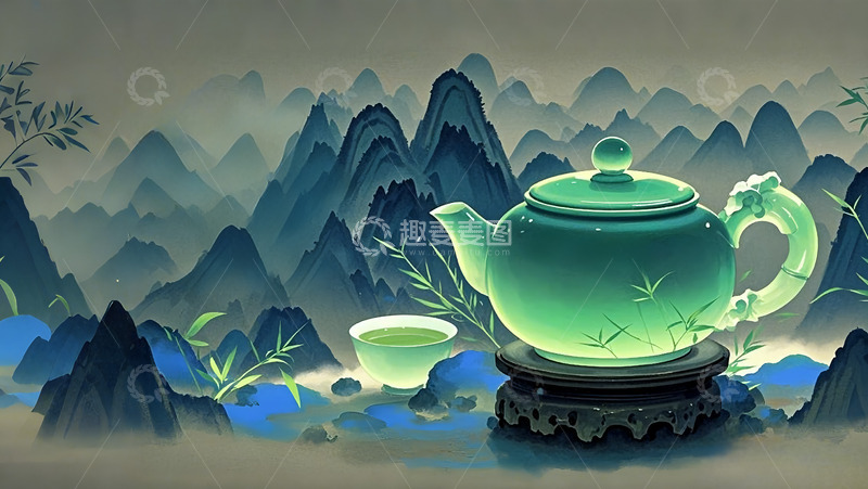 高清大图下载【趣麦麦图】国风茶具茶文化国潮插画背景