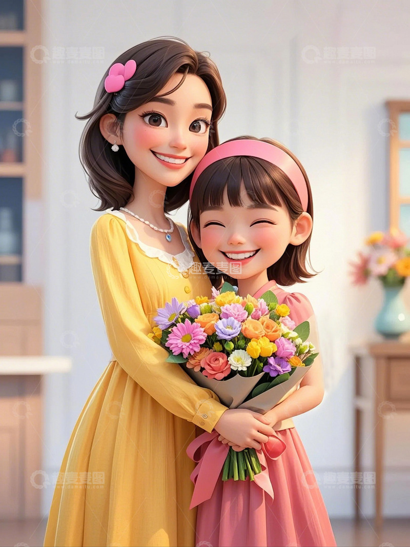 高清大图下载【趣麦麦图】母亲节妈妈和女儿拥抱鲜花花束