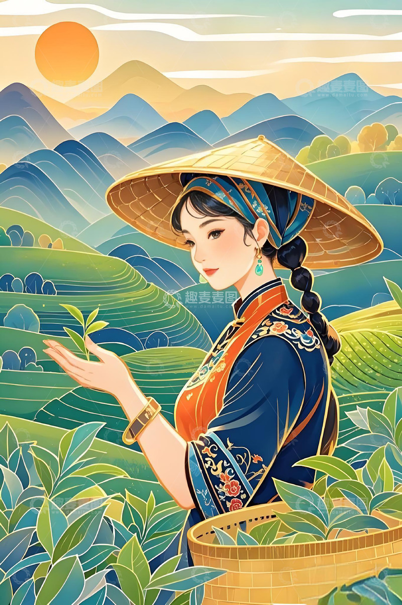 高清大图下载【趣麦麦图】茶农采茶茶园插画背景图