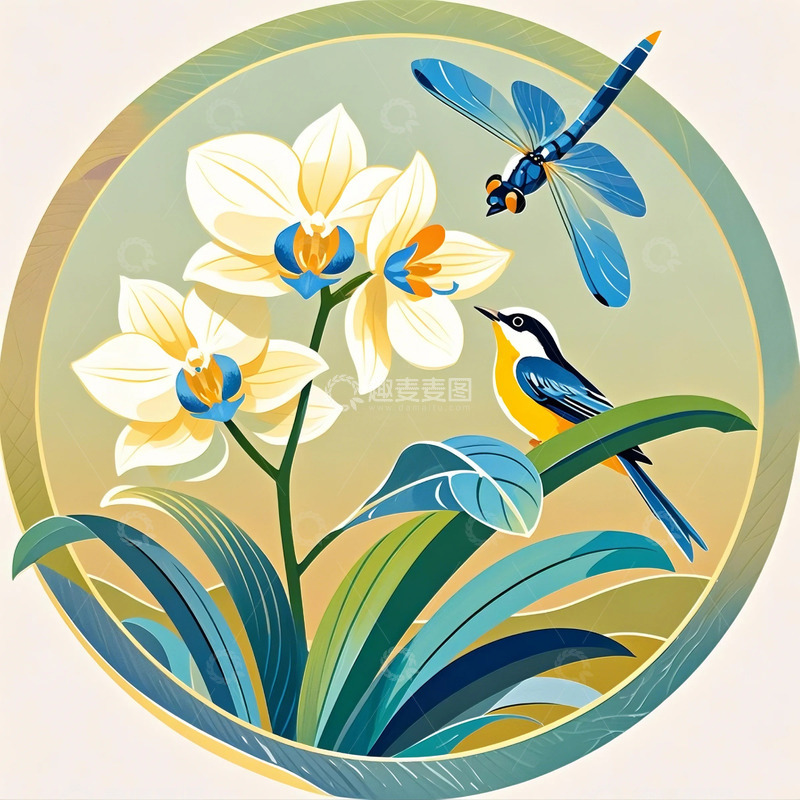 高清大图下载【趣麦麦图】鸟 花  边框  蜻蜓