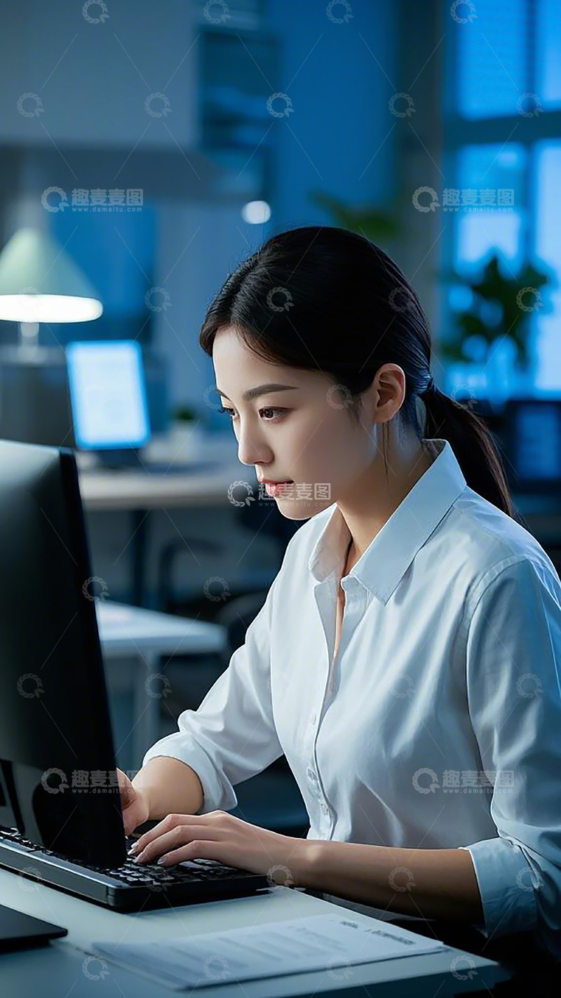 高清大图下载【趣麦麦图】深夜加班职场年轻女性