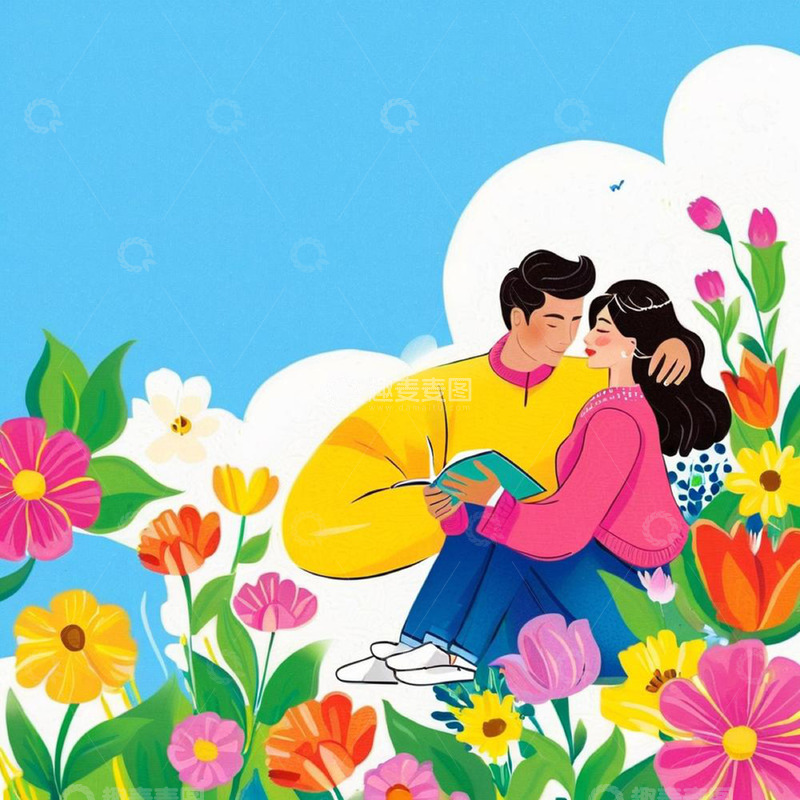高清大图下载【趣麦麦图】七夕节 情侣拥抱  插画素材