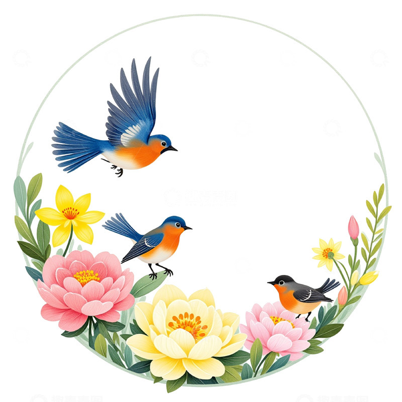 高清大图下载【趣麦麦图】春分节气花鸟插画素材1