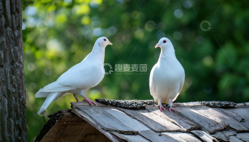 高清大图下载【趣麦麦图】屋顶上对视的两只洁白鸽子