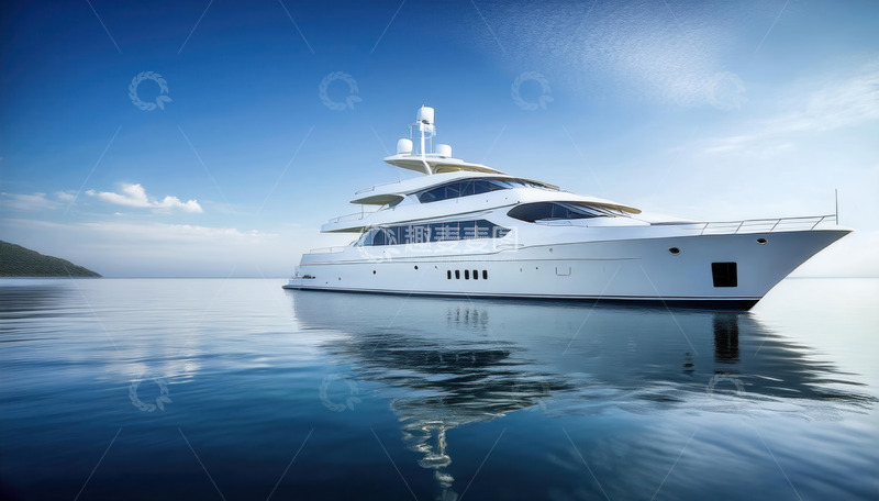 高清大图下载【趣麦麦图】白色豪华游艇静浮于湛蓝海面