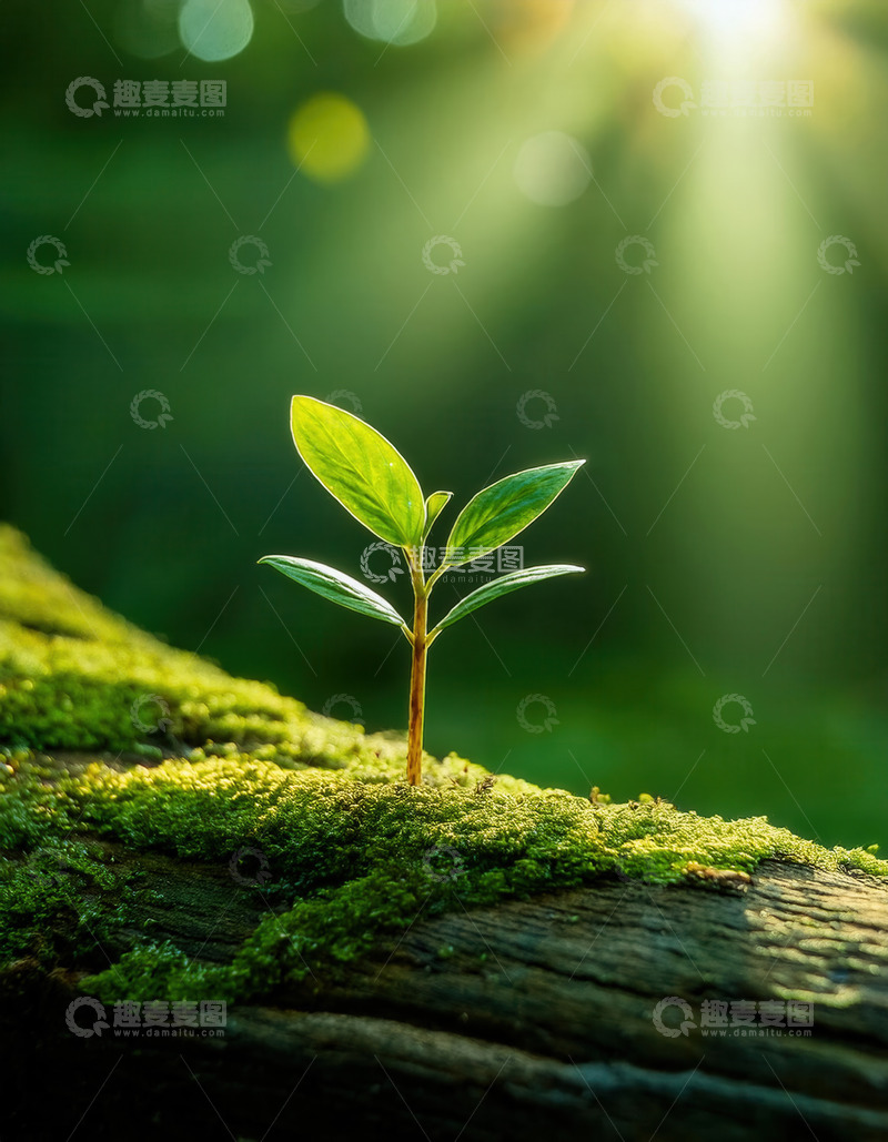 高清大图下载【趣麦麦图】青苔木头上新生的嫩绿幼苗