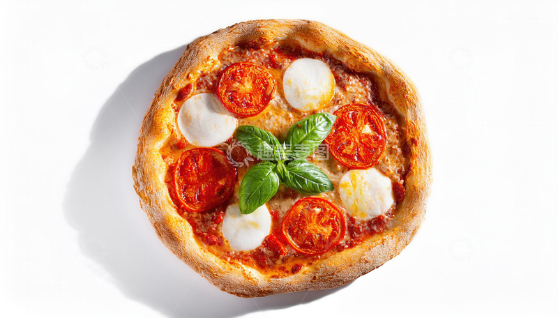 高清大图下载【趣麦麦图】白底上番茄罗勒叶搭配的美味披萨