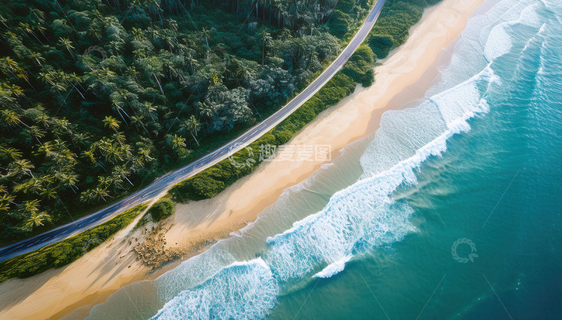 高清大图下载【趣麦麦图】航拍海滨公路与碧海绿树美景