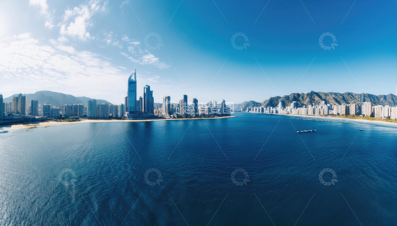 高清大图下载【趣麦麦图】蓝天碧海间的繁华都市海岸线