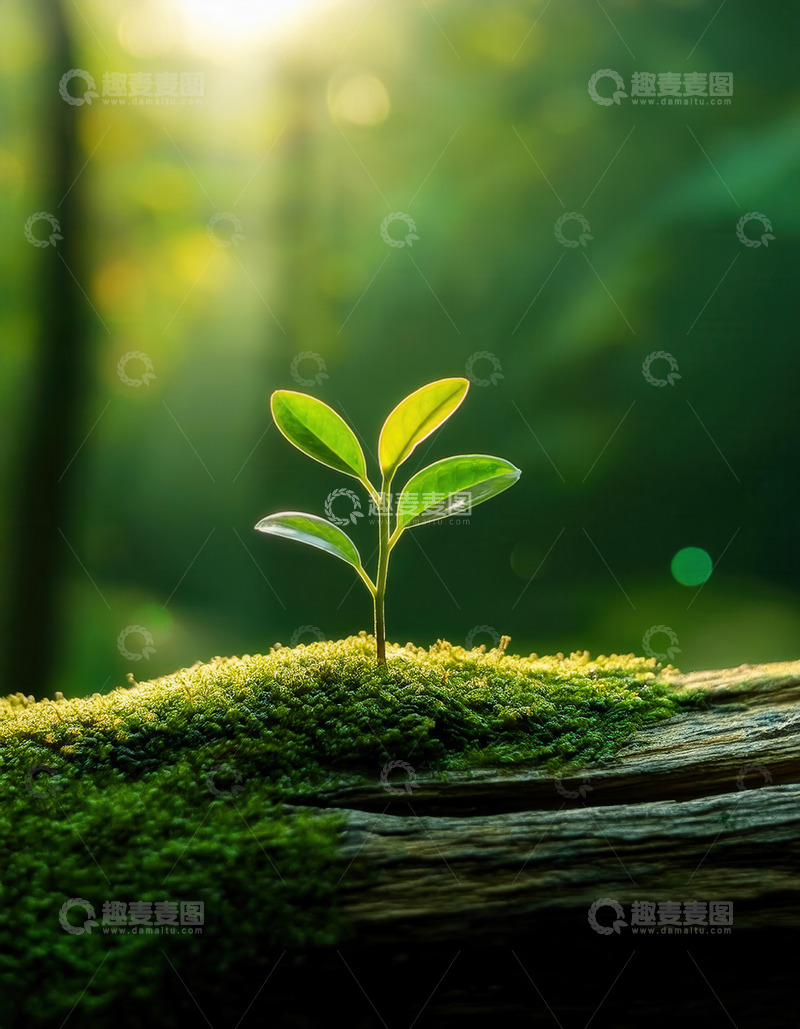 高清大图下载【趣麦麦图】林间木上苔藓中萌发的嫩绿幼苗