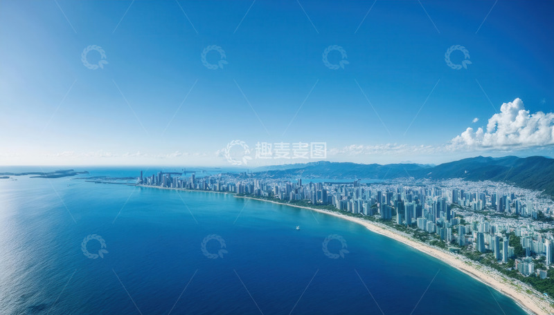 高清大图下载【趣麦麦图】碧海蓝天映衬下的城市海岸线