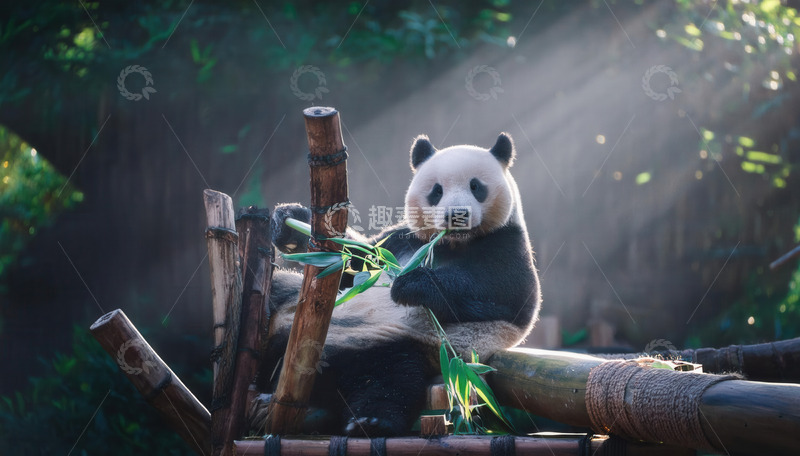 高清大图下载【趣麦麦图】熊猫坐木架，惬意进食嫩竹
