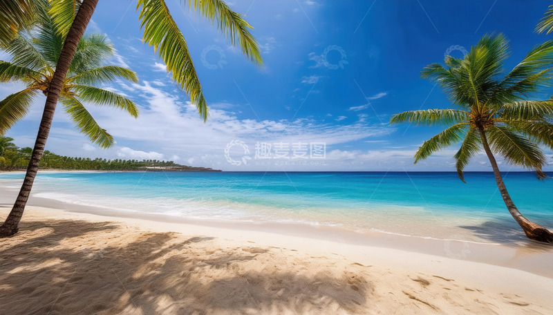 高清大图下载【趣麦麦图】椰影摇曳下的梦幻蓝色海滨