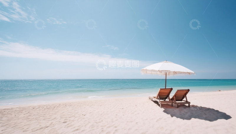 高清大图下载【趣麦麦图】沙滩上遮阳伞下闲适的躺椅