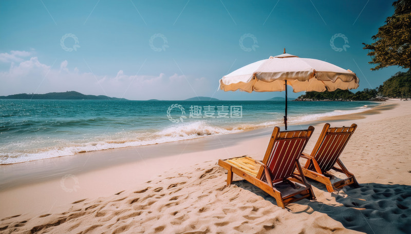 高清大图下载【趣麦麦图】沙滩上遮阳伞下惬意的休闲座椅