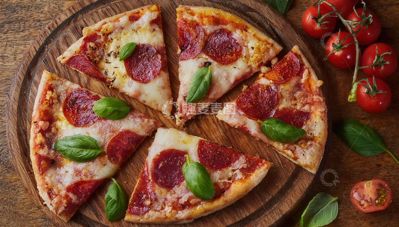 高清大图下载【趣麦麦图】木盘上切片的香肠罗勒叶美味披萨