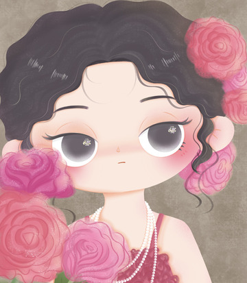 粉色玫瑰 戴珍珠项链的卡通女生