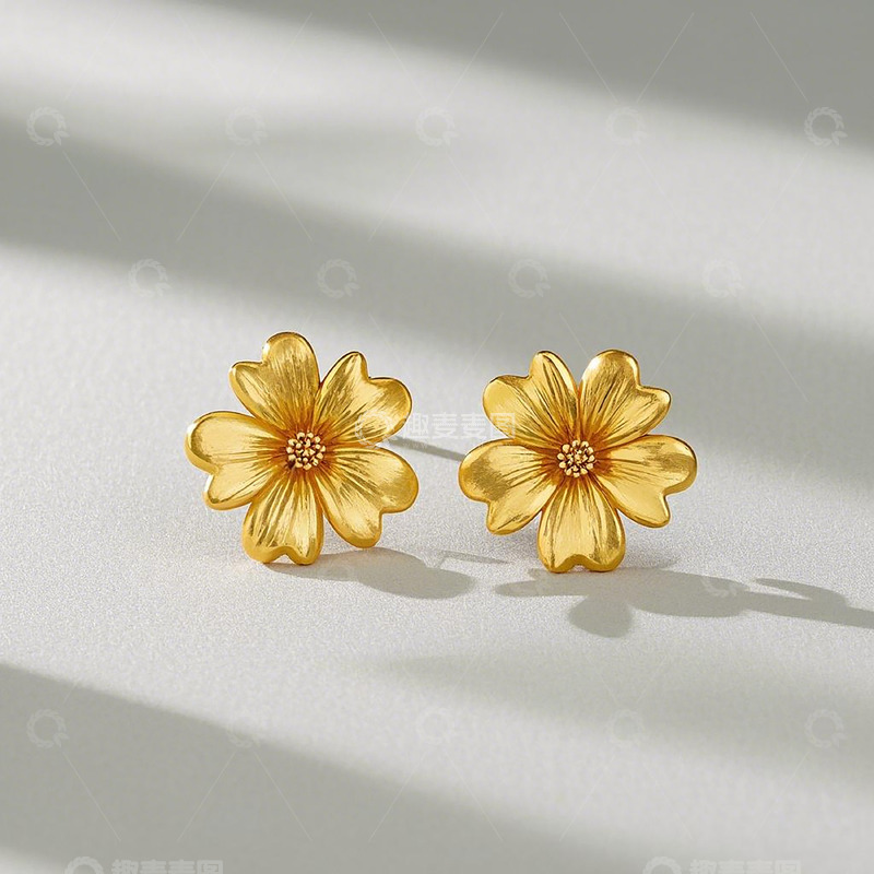 高清大图下载【趣麦麦图】立体花朵样式的黄金耳饰