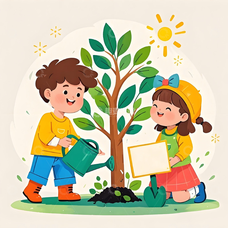高清大图下载【趣麦麦图】植树节 男孩女孩 浇水素材