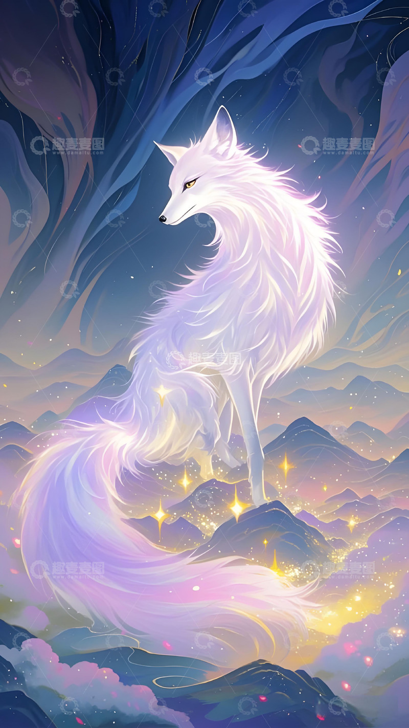 高清大图下载【趣麦麦图】九尾狐白狐白色红色狐狸中国风动物山水画3