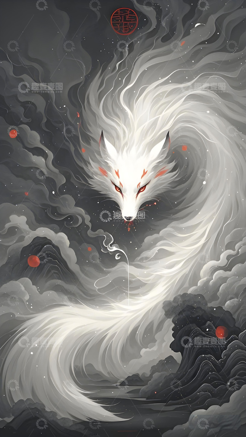 高清大图下载【趣麦麦图】九尾狐白狐白色红色狐狸中国风动物山水画6