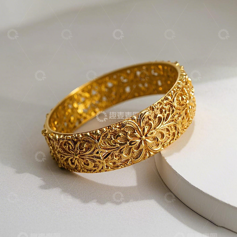 高清大图下载【趣麦麦图】雕花工艺金色手镯