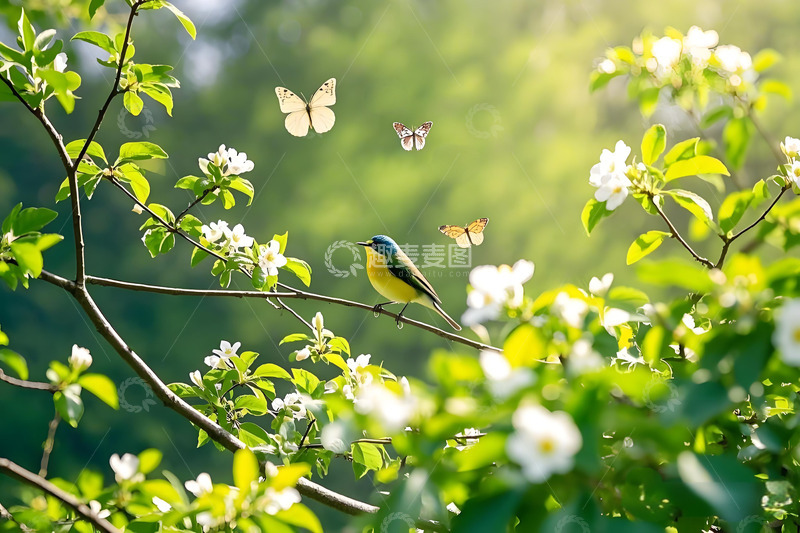 高清大图下载【趣麦麦图】春天花卉野花小鸟雏菊栀子花桃花柳树三月风景摄影素材1