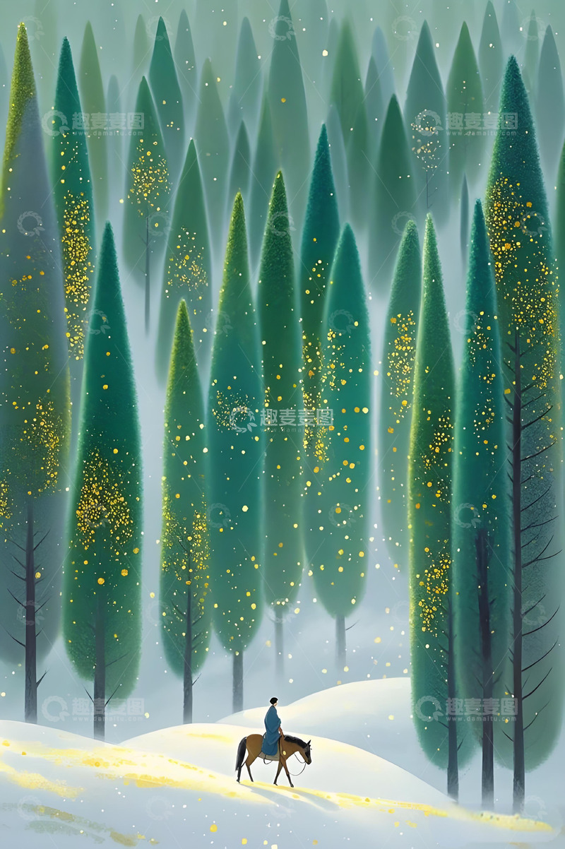 高清大图下载【趣麦麦图】点彩水墨画风格插画极简炫彩光影层次感树林6