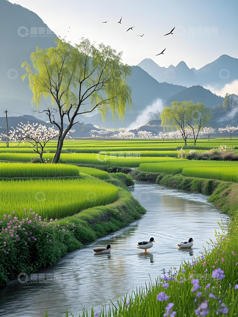 高清大图下载【趣麦麦图】春天山野田园农家柳树鸭子溪水燕子蓝天白云3