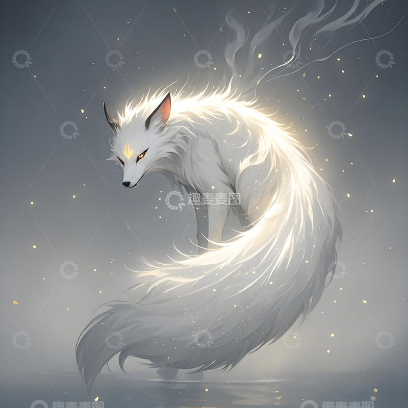高清大图下载【趣麦麦图】九尾狐白狐白色红色狐狸中国风动物山水画20