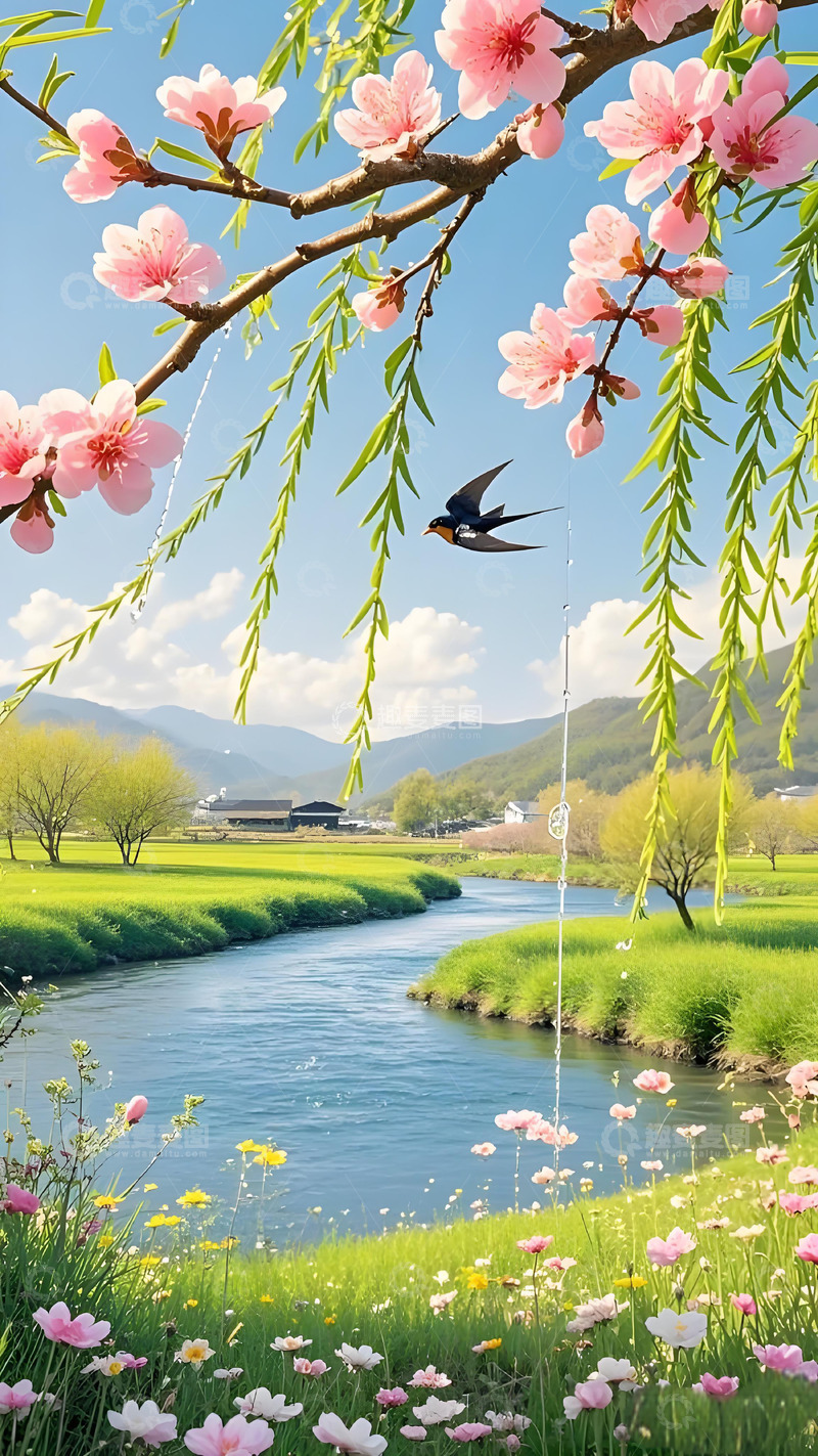 高清大图下载【趣麦麦图】春天燕子桃花柳树三月溪水农田风景摄影素材1
