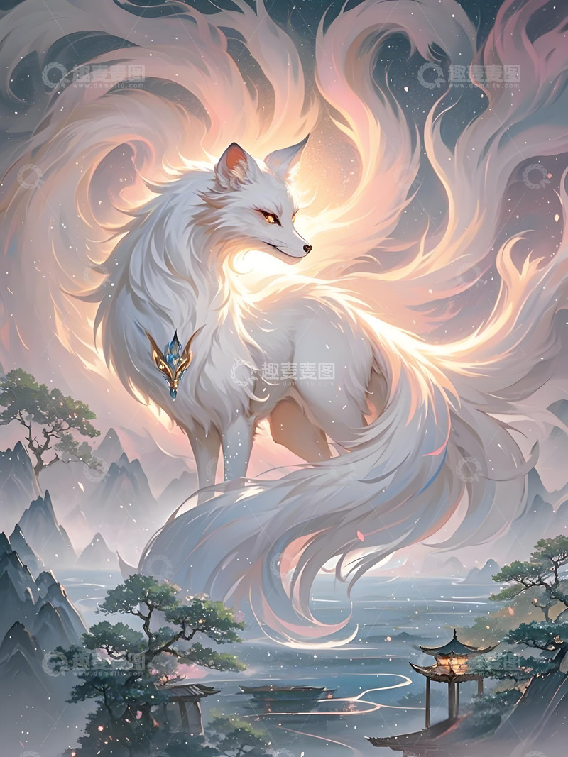 高清大图下载【趣麦麦图】九尾狐白狐白色红色狐狸中国风动物山水画18