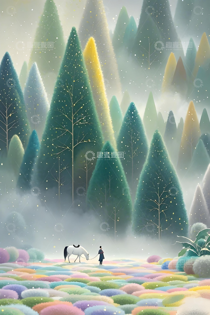 高清大图下载【趣麦麦图】点彩水墨画风格插画极简炫彩光影层次感树林1